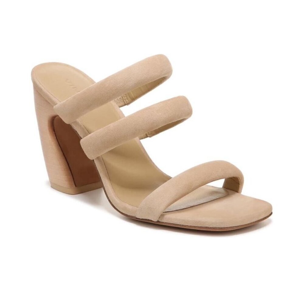Vince Womens Tan Suede Strappy Open Toe Slip On Block Heel Sandals Sz 7.5 M New - Picture 1 of 14